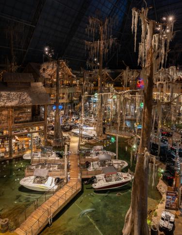 inside the bass pro pyramid where the store is designed to look like a cypress swamp with water and trees