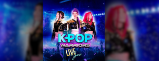 KPOP Warriors promotional artwork featuring three costumed performers with colorful hair on a bright blue stage, with the KPOP Warriors logo displayed prominently in front.