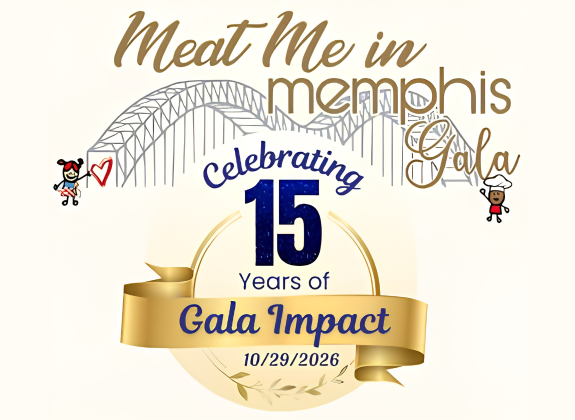 Meat Me in Memphis Gala graphic celebrating 15 years of impact, benefiting the Monogram Foods Loves Kids Foundation. Event takes place October 29, 2026.